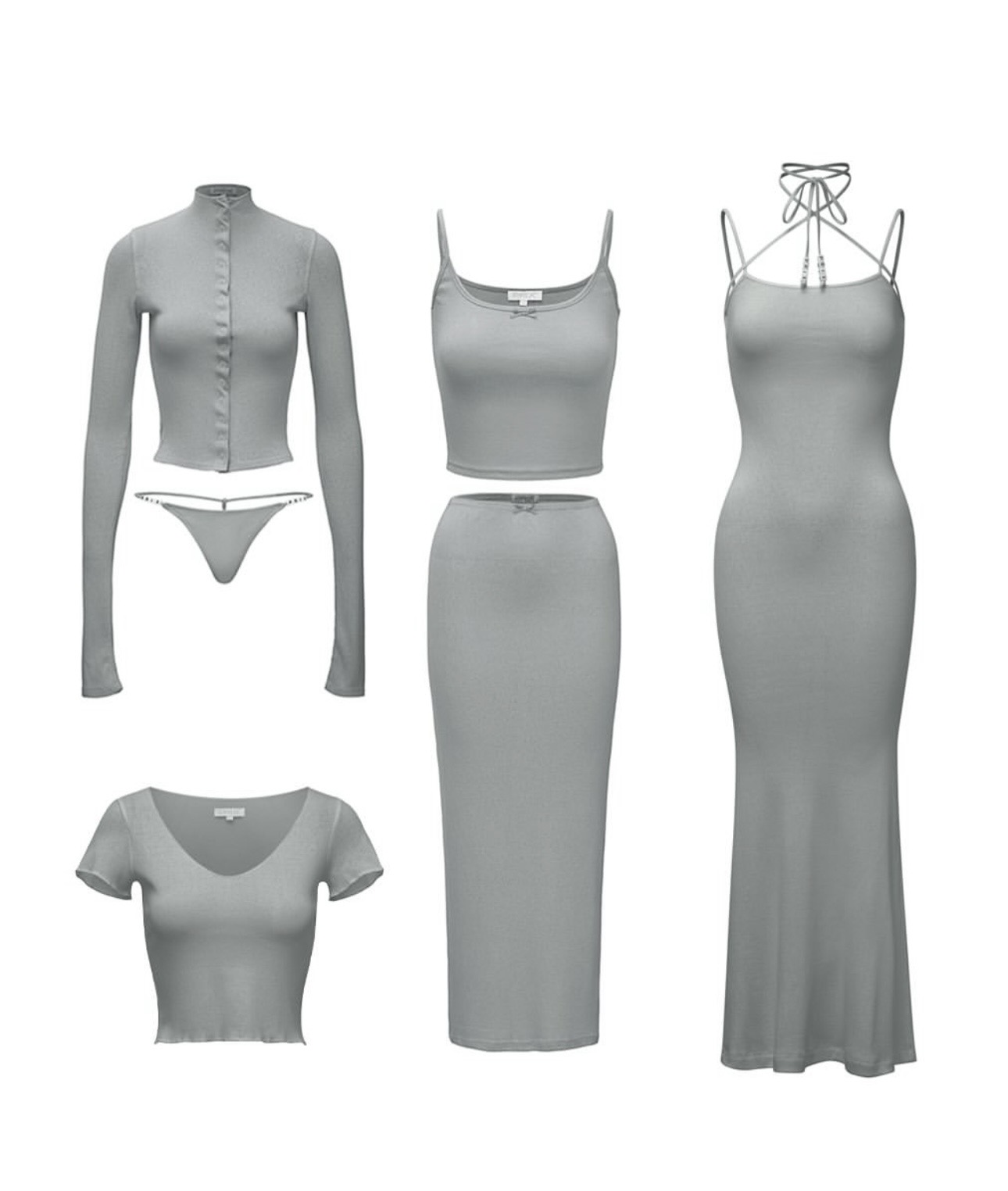 Coordinated gray tops, skirt, dress and brief arranged on white