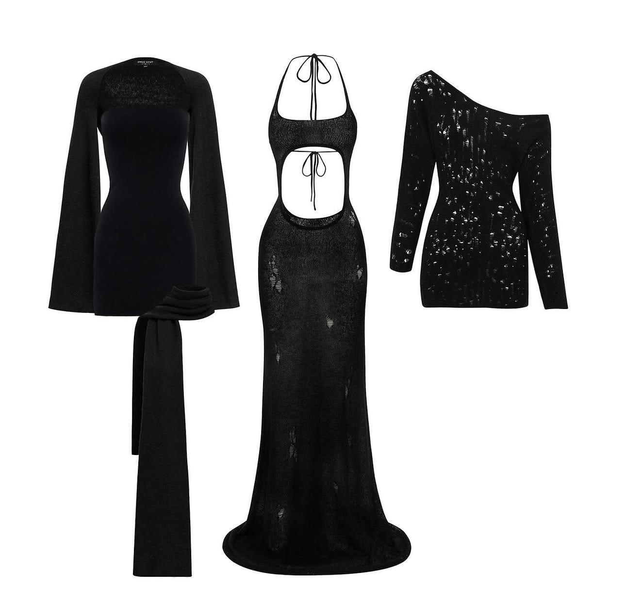 Black evening dress and tops arranged on white