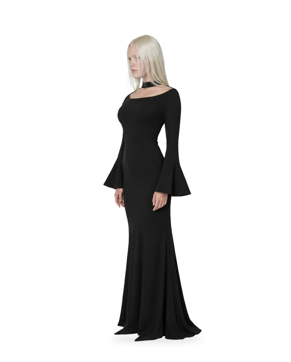 Model wearing the floor-length black Ophelia dress with bell sleeves